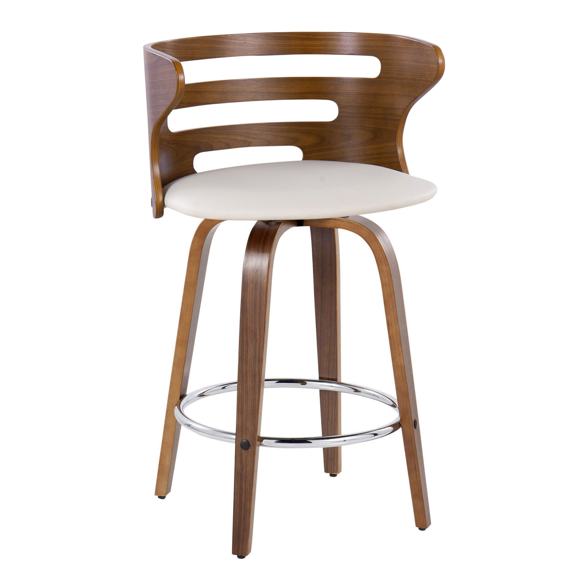 Cosini - Mid-Century Modern Fixed Height Barstool With Swivel With Round Footrest (Set of 2) - Walnut / Cream - Image 2