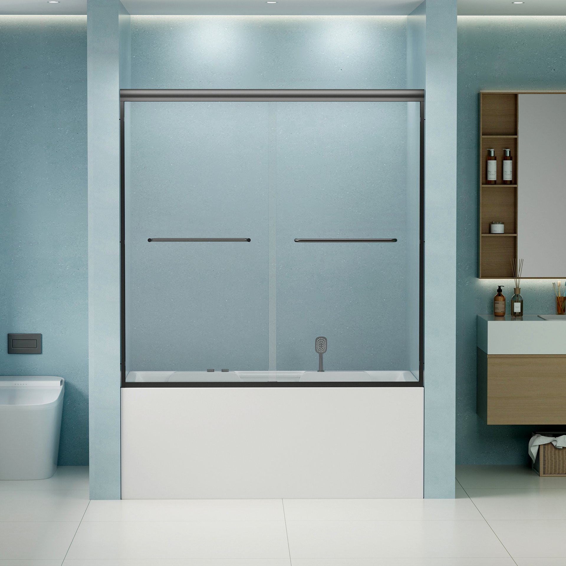 Double Sliding Bathtub Shower Door, Semi Frameless Bypass Tub Door, 1 / 4" (6Mm) Tempered Glass With Explosion - Proof Film, Adjustable Aluminum Alloy Frame - Matte Black - Image 11