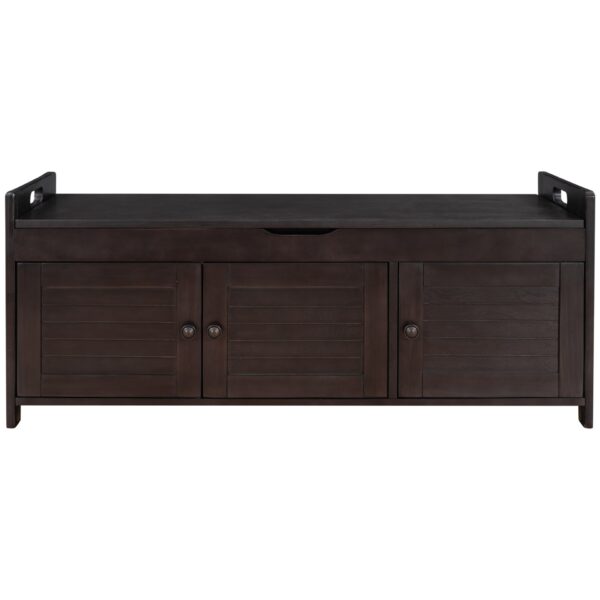 Storage Bench With 3 Shutter-Shaped Doors, Shoe Bench With Removable Cushion And Hidden Storage Space - Espresso