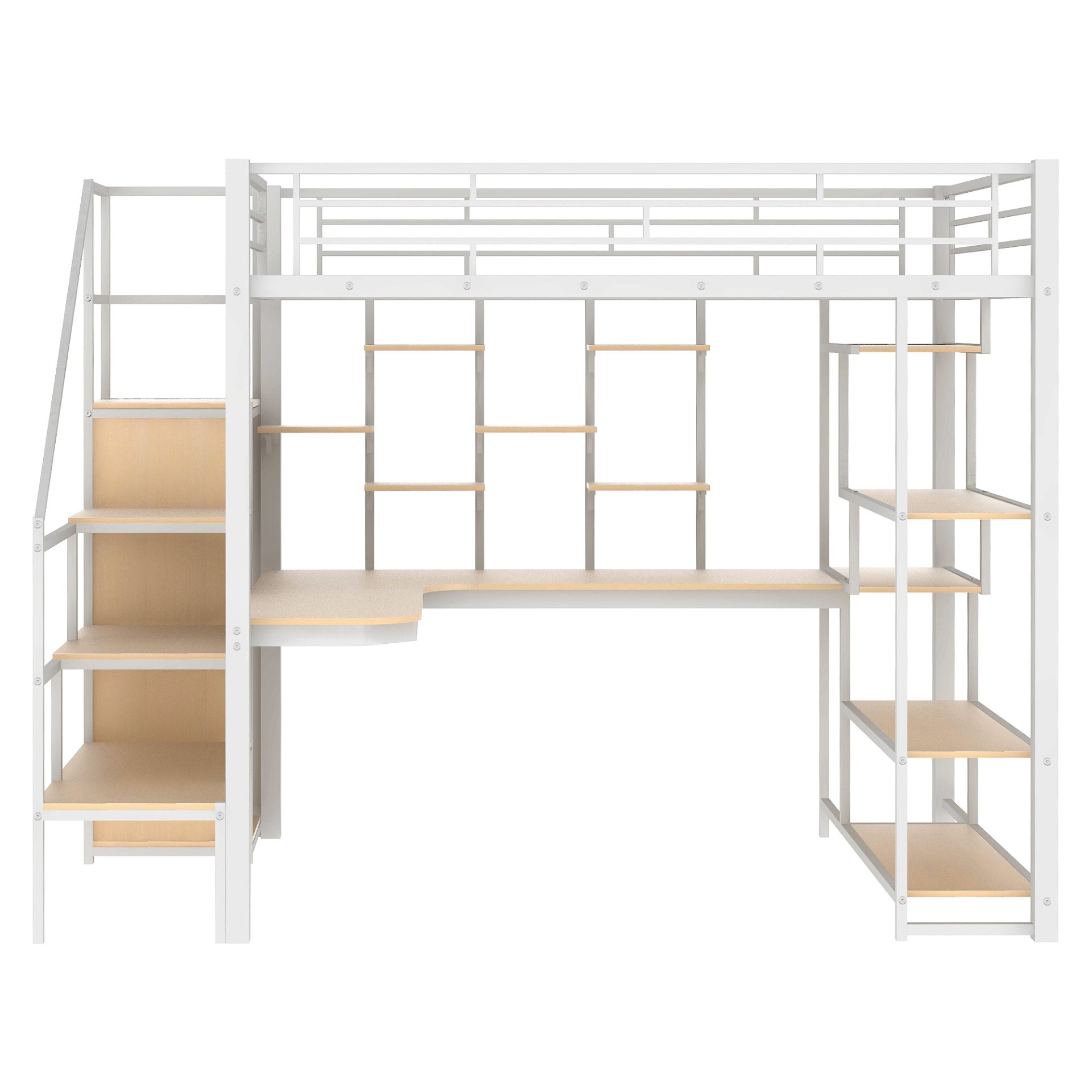 Full Size Metal Loft Bed With Storage Staircase And Small Wardrobe, Built - In Desk And Storage Shelves - White - Image 15