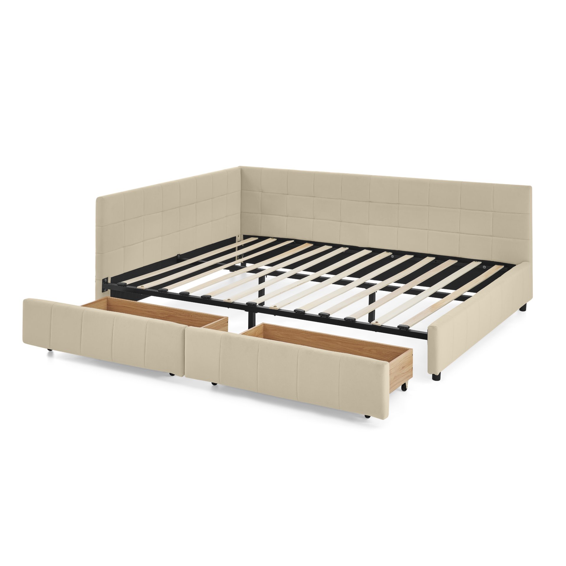 Mid Century Velvet Upholstered Tufted Queen Size Storage Bed Frame With Backrest And Armrests - Beige - Image 12