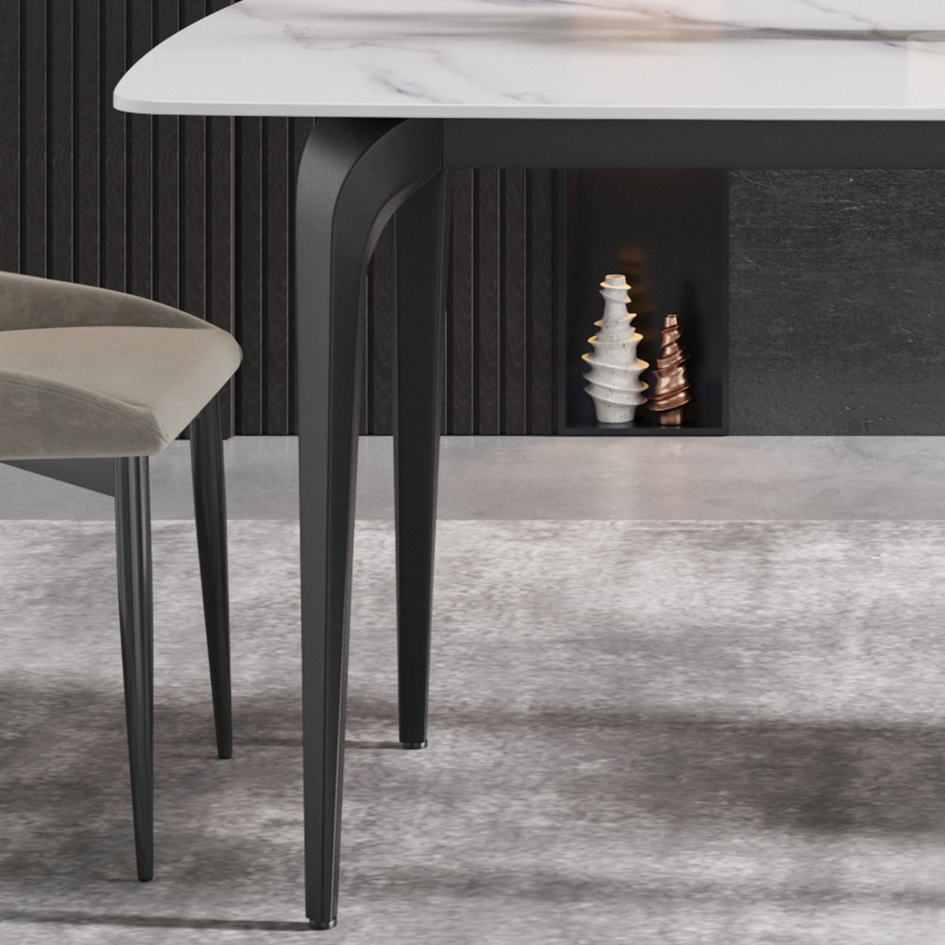 70.87" Modern Artificial Stone Curved Black Metal Leg Dining Table, Can Accommodate 6-8 People - White / Black - Image 9