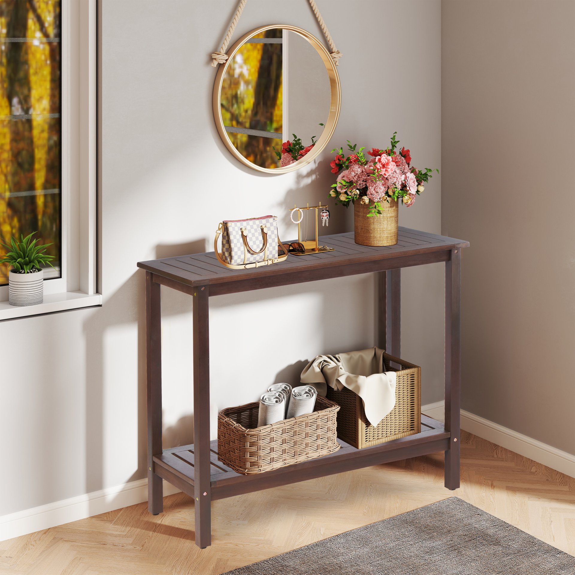 Workstation For Garden Balcony Garage, Acacia Console Potting Table - Brown - Image 3