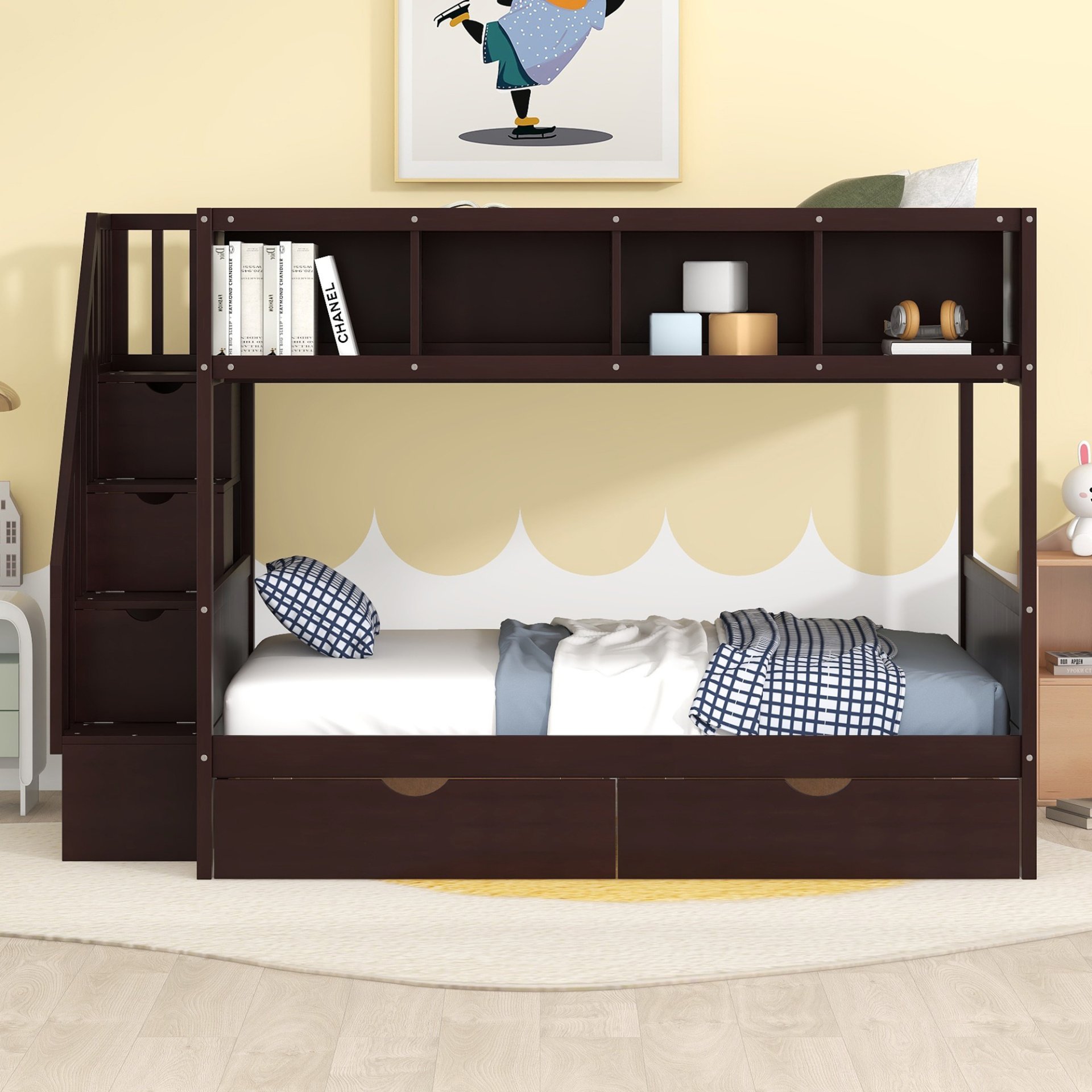 Twin Over Full Bunk Bed With Shelfs, Storage Staircase And 2 Drawers - Espresso - Image 2