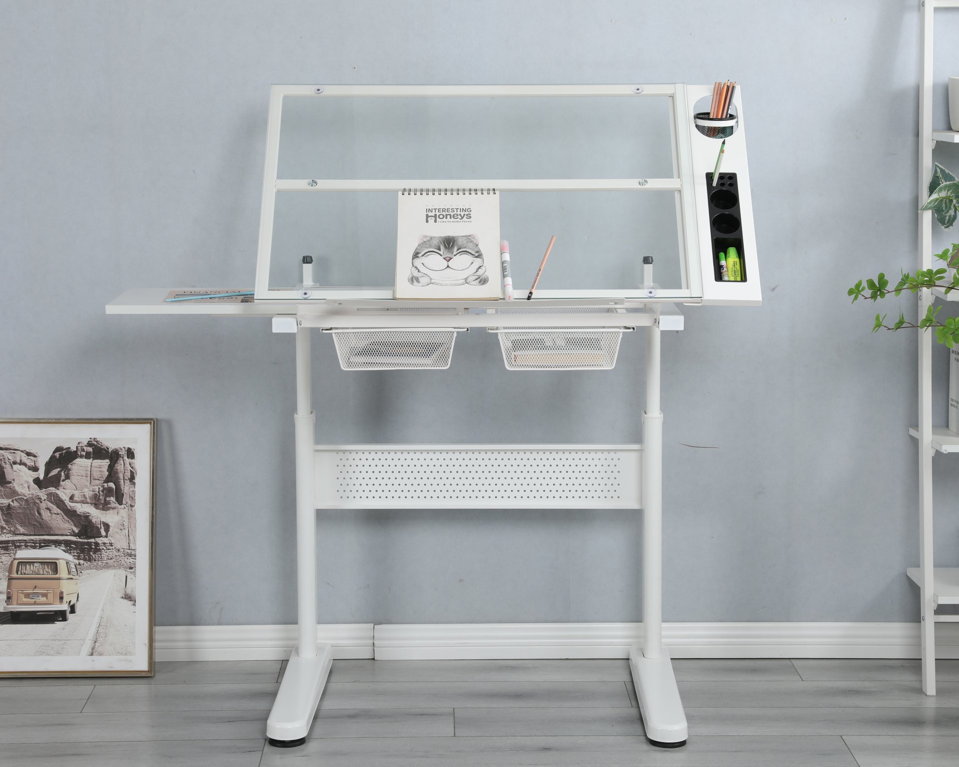 38.18" Hand Crank Adjustable Drafting Table Drawing Desk With 2 Metal Drawers With Stool - White - Image 8