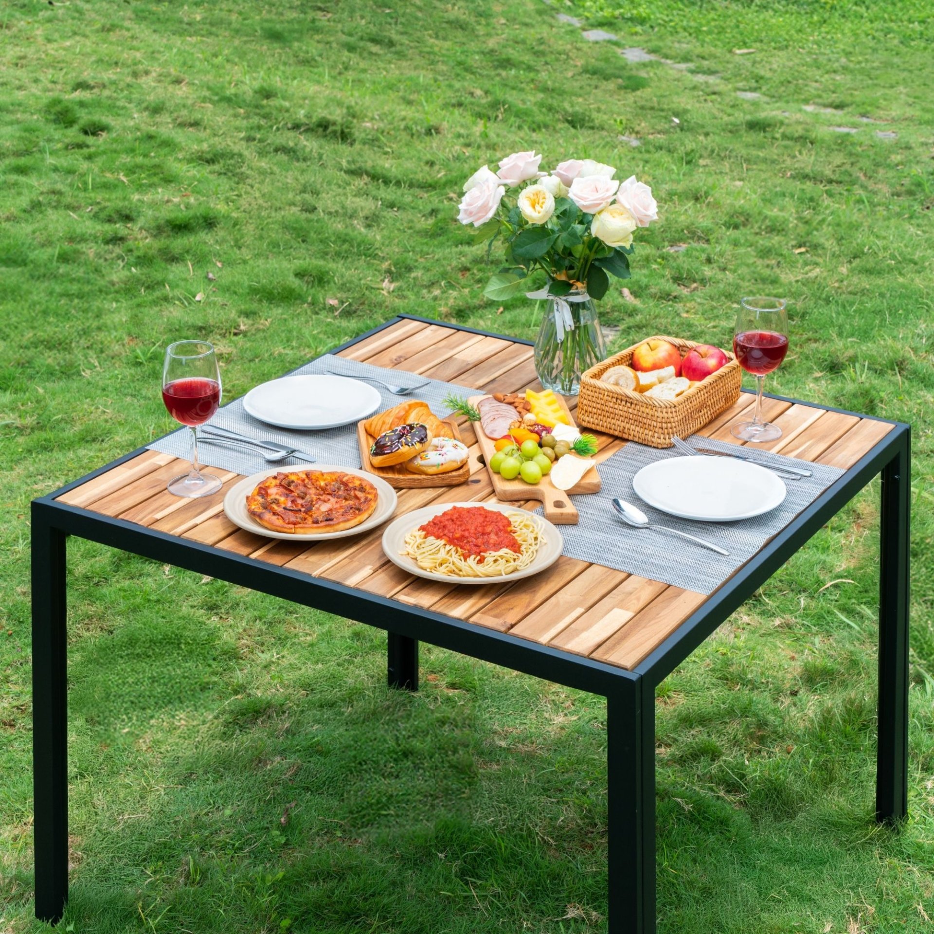 All Weather 5 Piece Patio Dining Table Sets With Acacia Wood Top And Umbrella Hole, Rattan Outdoor - Light Gray - Image 9