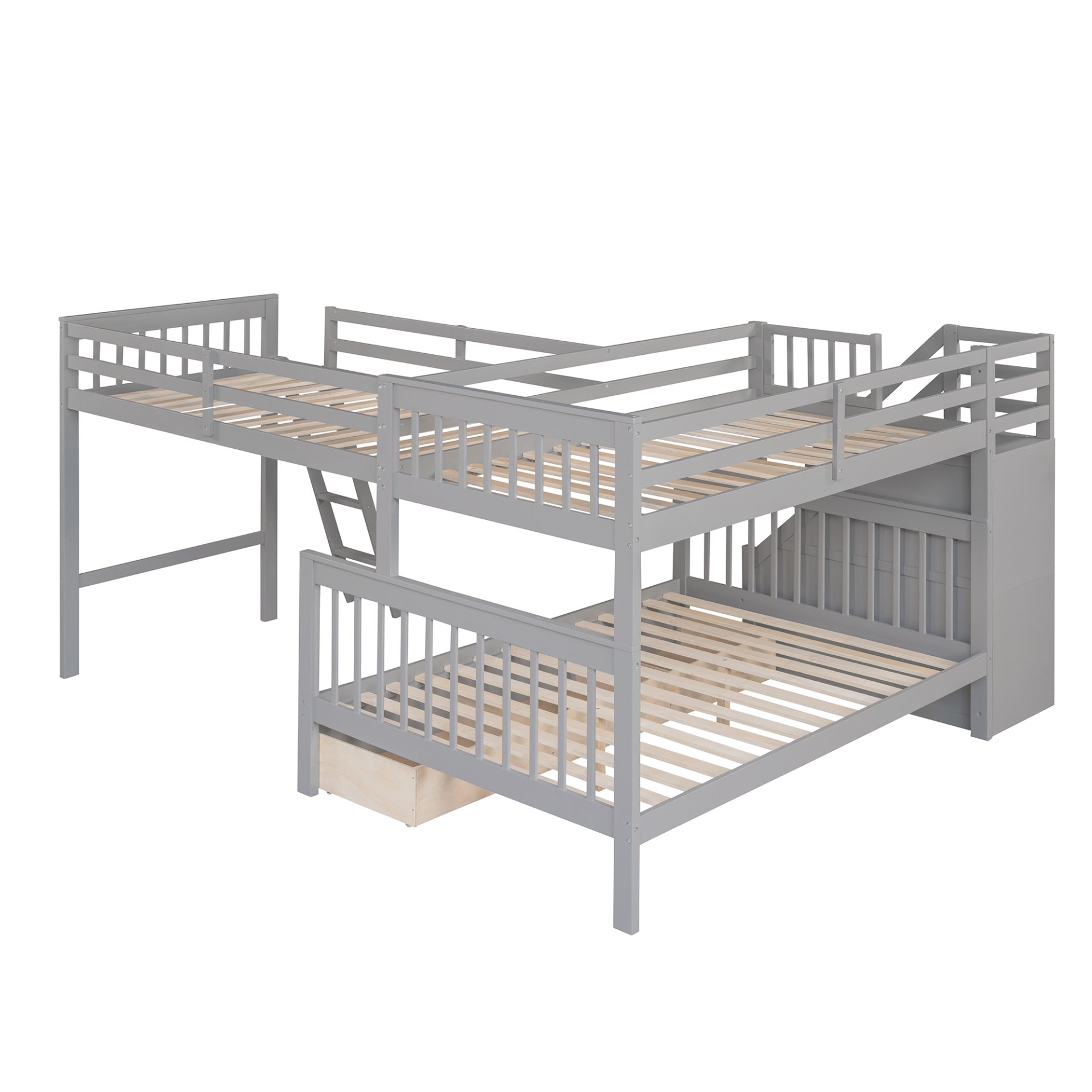 Twin Over Full L Shaped Bunk Bed & 3 Drawers, Ladder And Staircase - Gray - Image 8