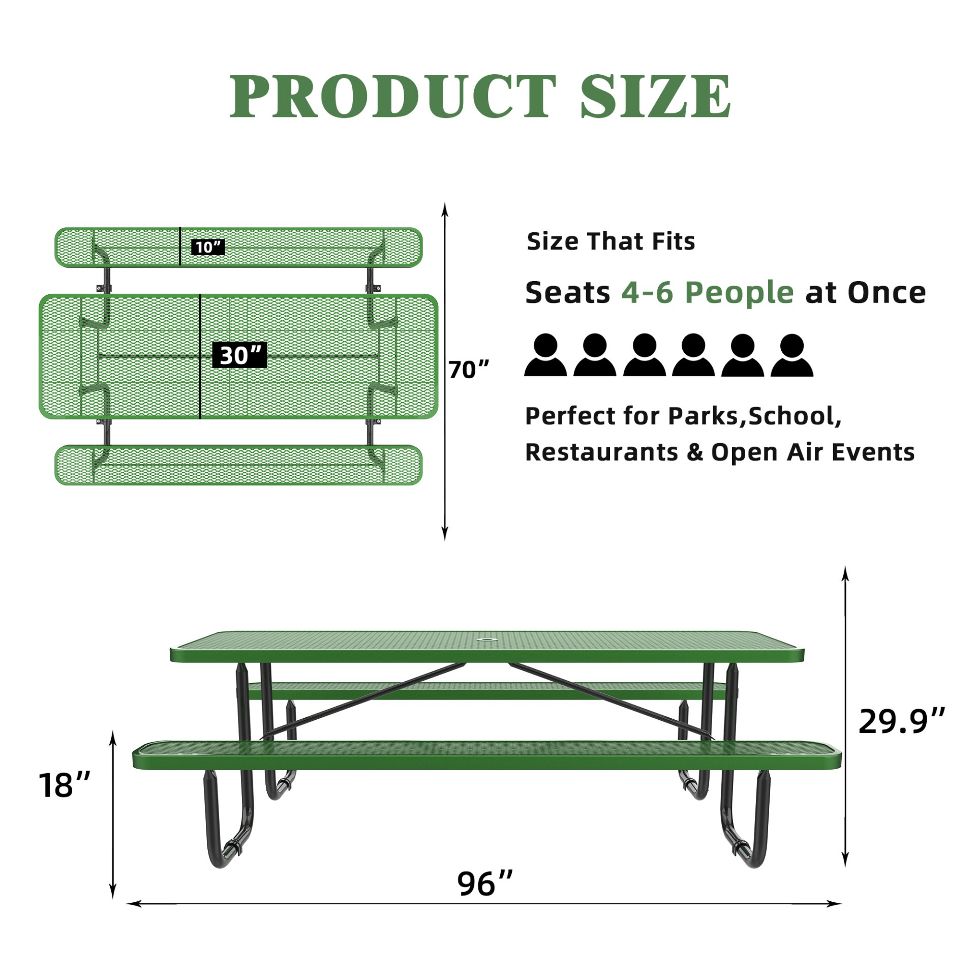 Expanded Metal Rectangular Picnic Table Set - Green - Image 3
