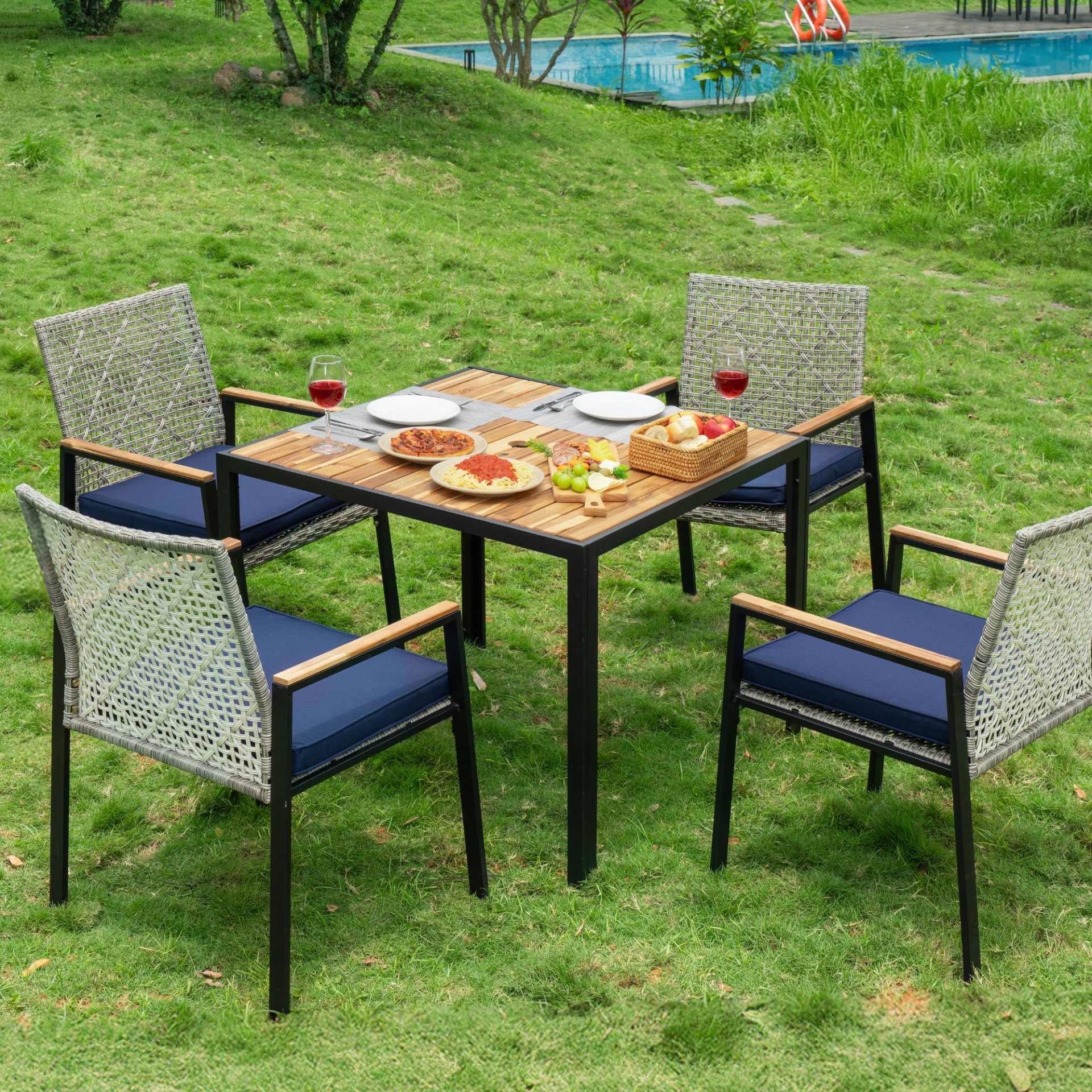 All Weather 5 Piece Patio Dining Table Sets With Acacia Wood Top And Umbrella Hole, Rattan Outdoor - Light Gray - Image 16