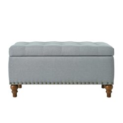 Elegant Ottoman Storage Bench With Recessed Support Hinge, Rivet Trim Linen - Gray