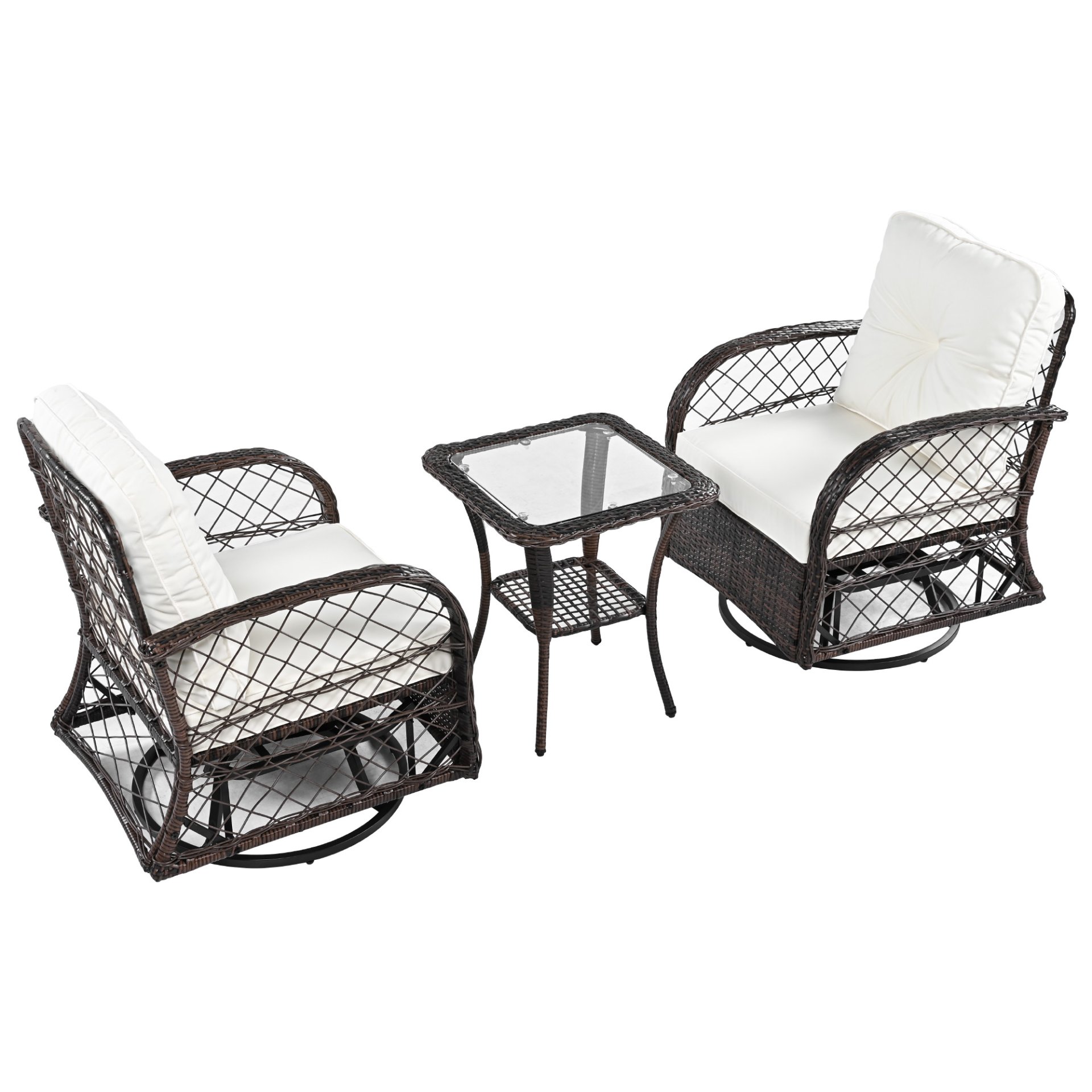 3 Piece Outdoor Chair & Table Set Chat Set 2 Person Rattan Seating Group With 2 Swiveling And Rocking Chairs And A Square Table For Garden, Patio, Or Balcony - Brown - Image 18
