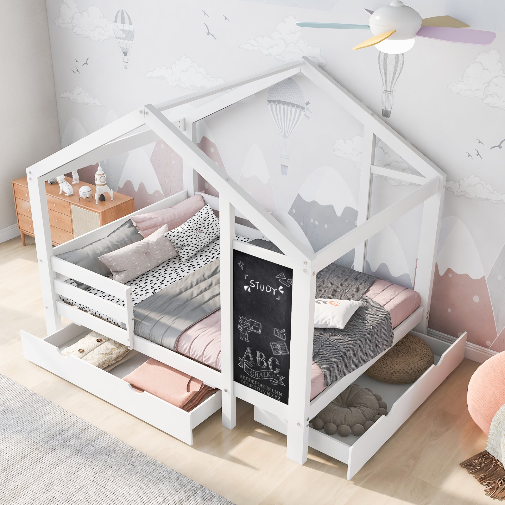 Twin House Bed With Blackboard And Drawers, 2 Assembly Options - White - Image 16