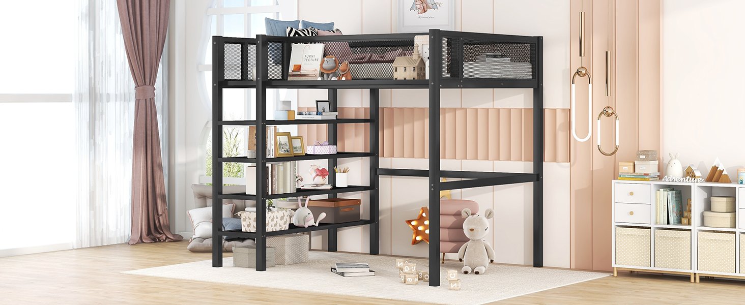 Twin Size Loft Bed With 4 Tier Shelves And Storage - Black - Image 14