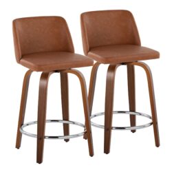 Toriano - Contemporary Fixed Height Counter Stool With Swivel With Round Footrest (Set of 2) - Walnut / Camel