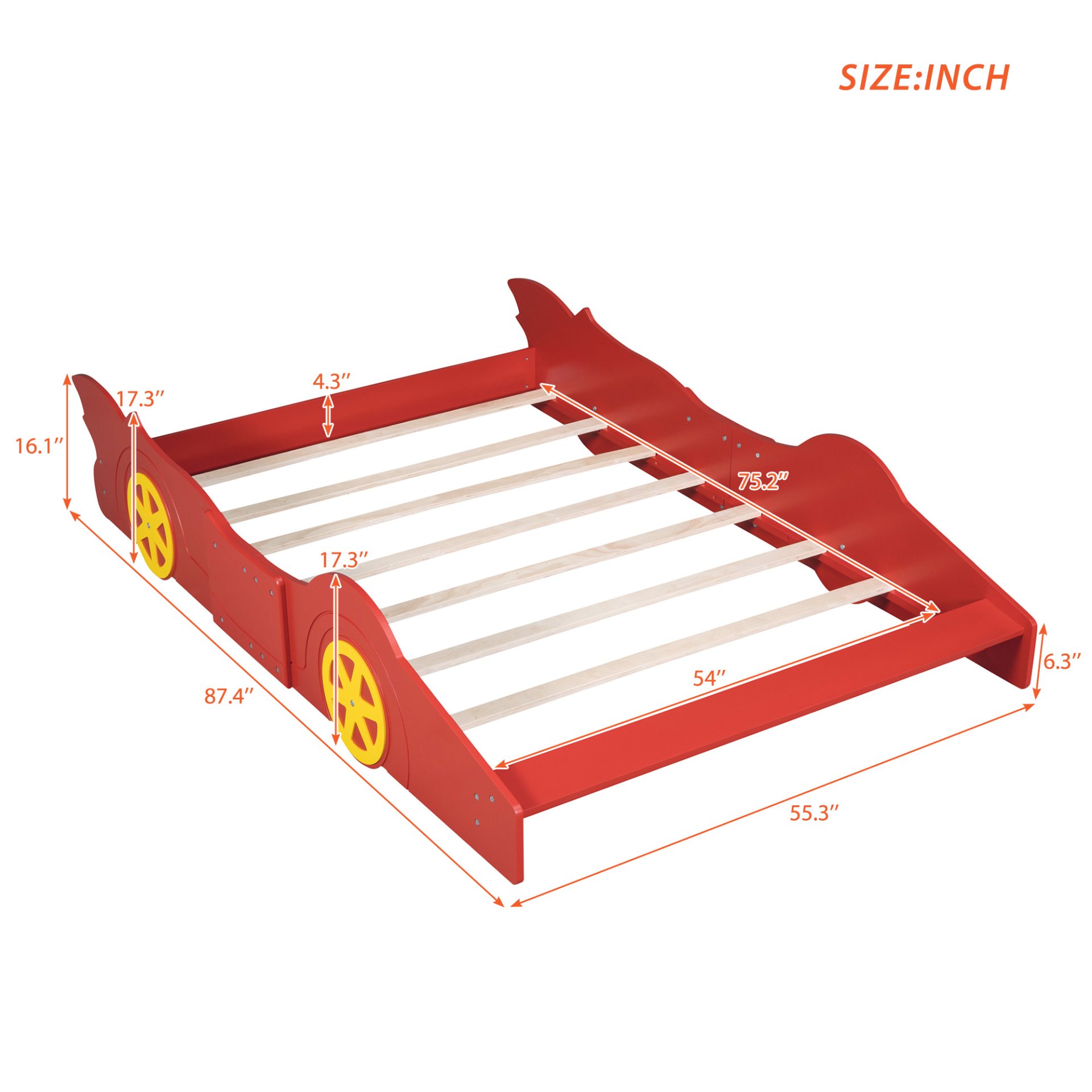 Full Size Race Car Shaped Platform Bed & Wheels - Red - Image 8