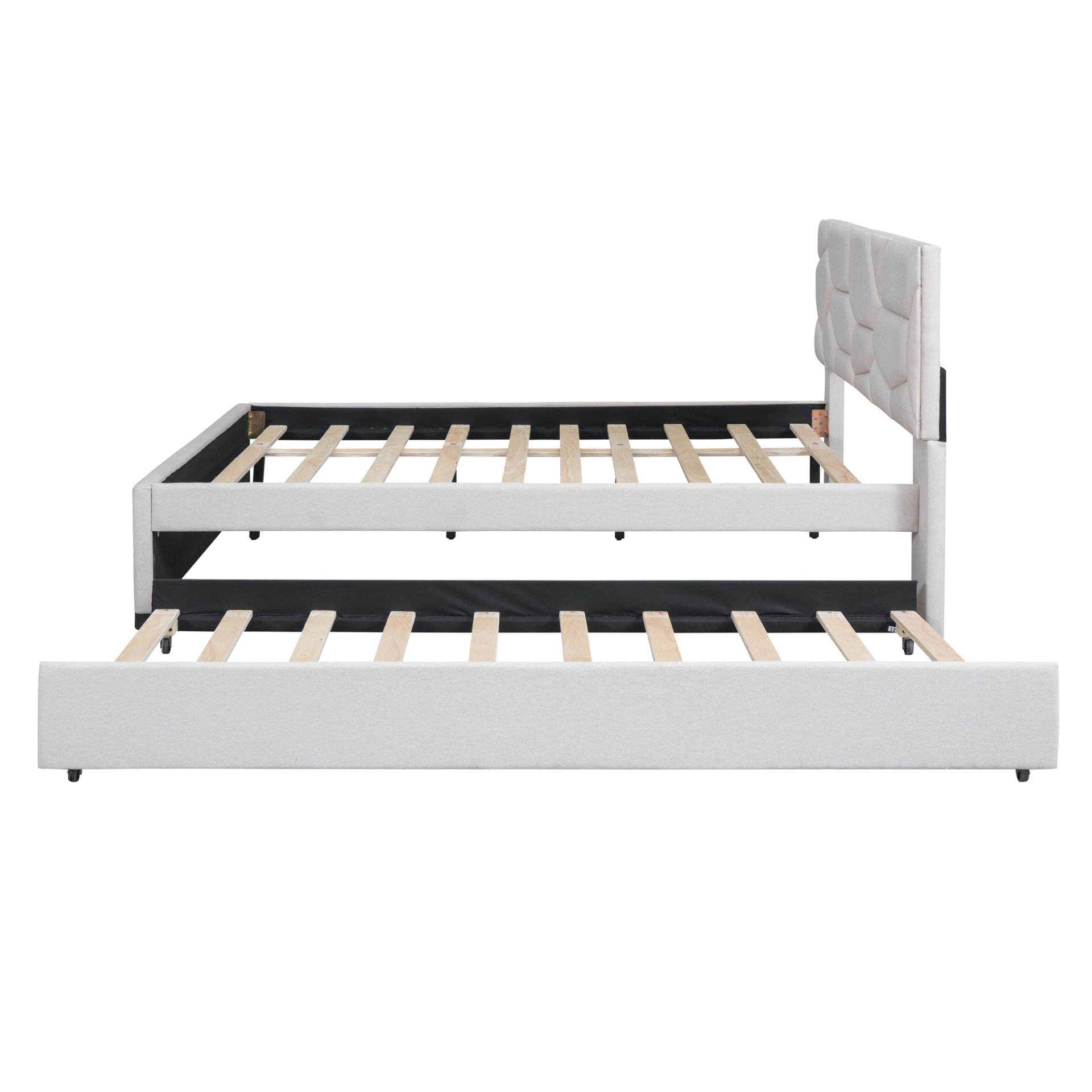 Full Size Upholstered Platform Bed With Brick Pattern Headboard And Twin Size Trundle - Beige - Image 5