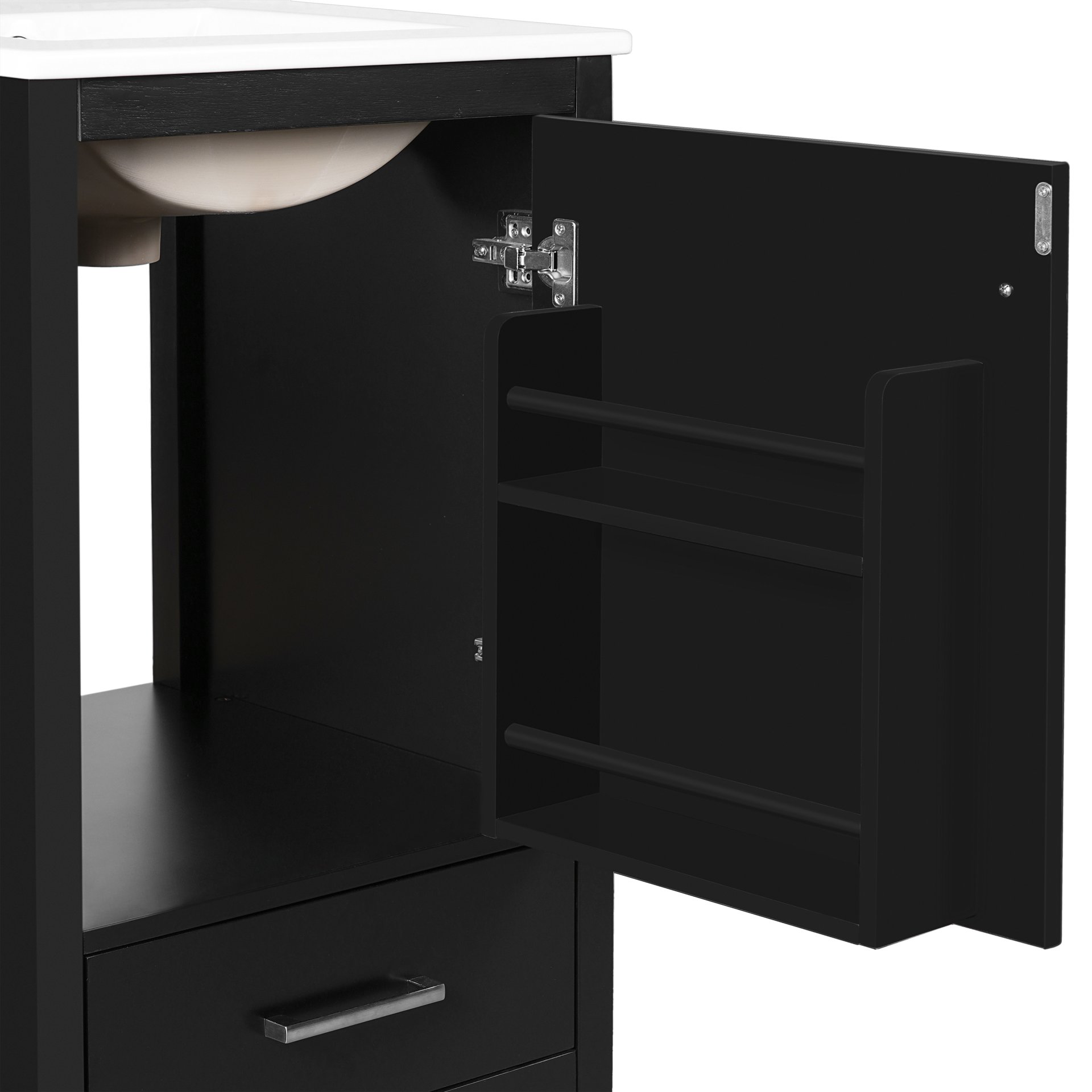 20" Bathroom Vanity With Sink, Soft Close Drawers, Door Organizer, Divider Drawer, Adjustable Foot Pads - Black - Image 16
