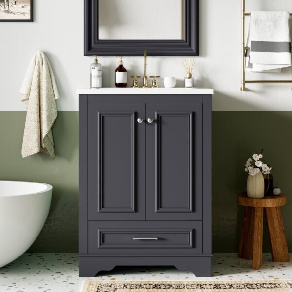 Bathroom Vanity With Ceramic Sink Combo, Modern Freestanding Storage Cabinet With Silver Handles, Soft Closing Doors - Blue Gray