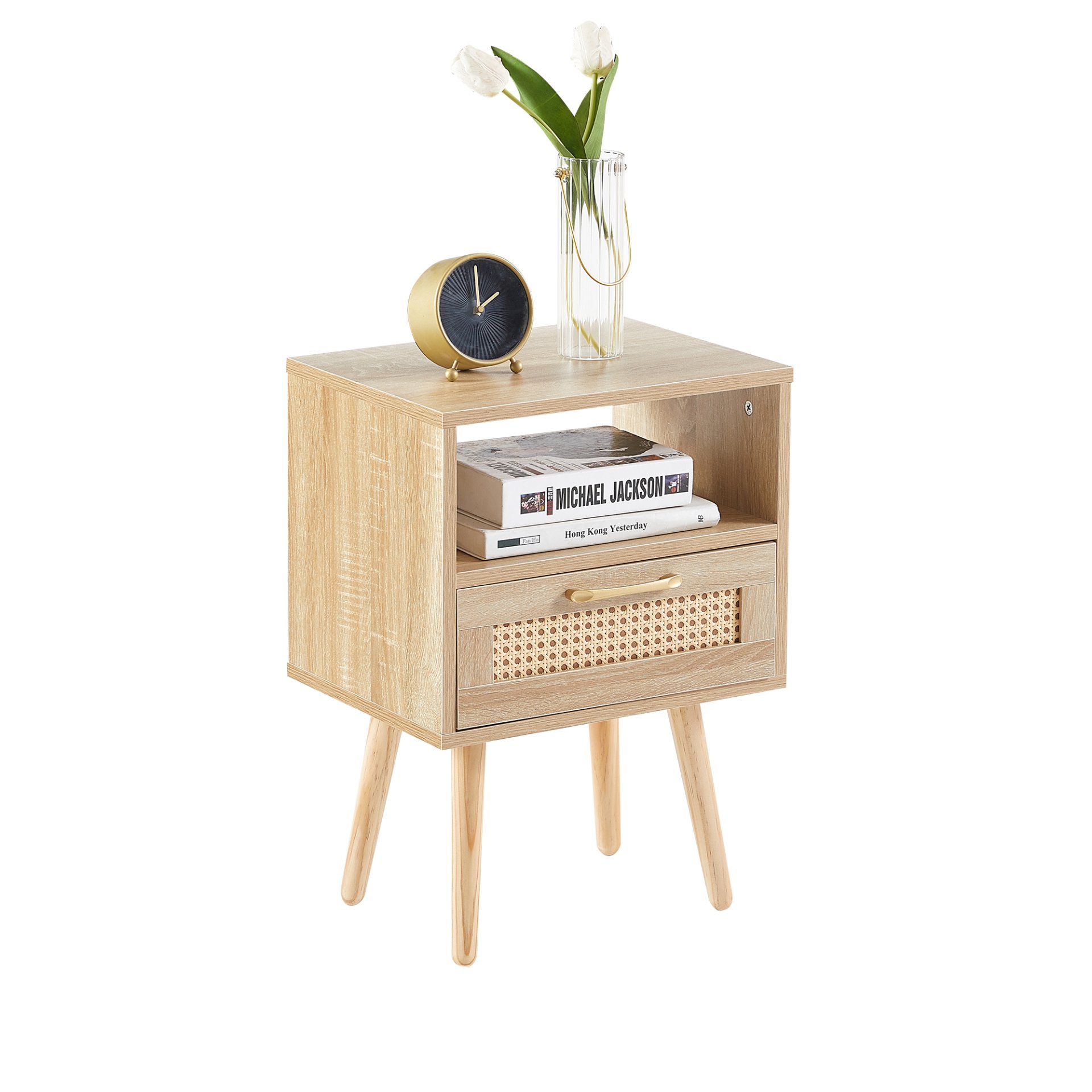 15.75" Rattan End Table With Drawer And Solid Wood Legs, Modern Nightstand, Side Table For Living Room, Bedroom - Natural - Image 4