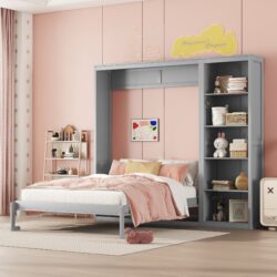 Full Size Murphy Wall Bed With Shelves - Gray