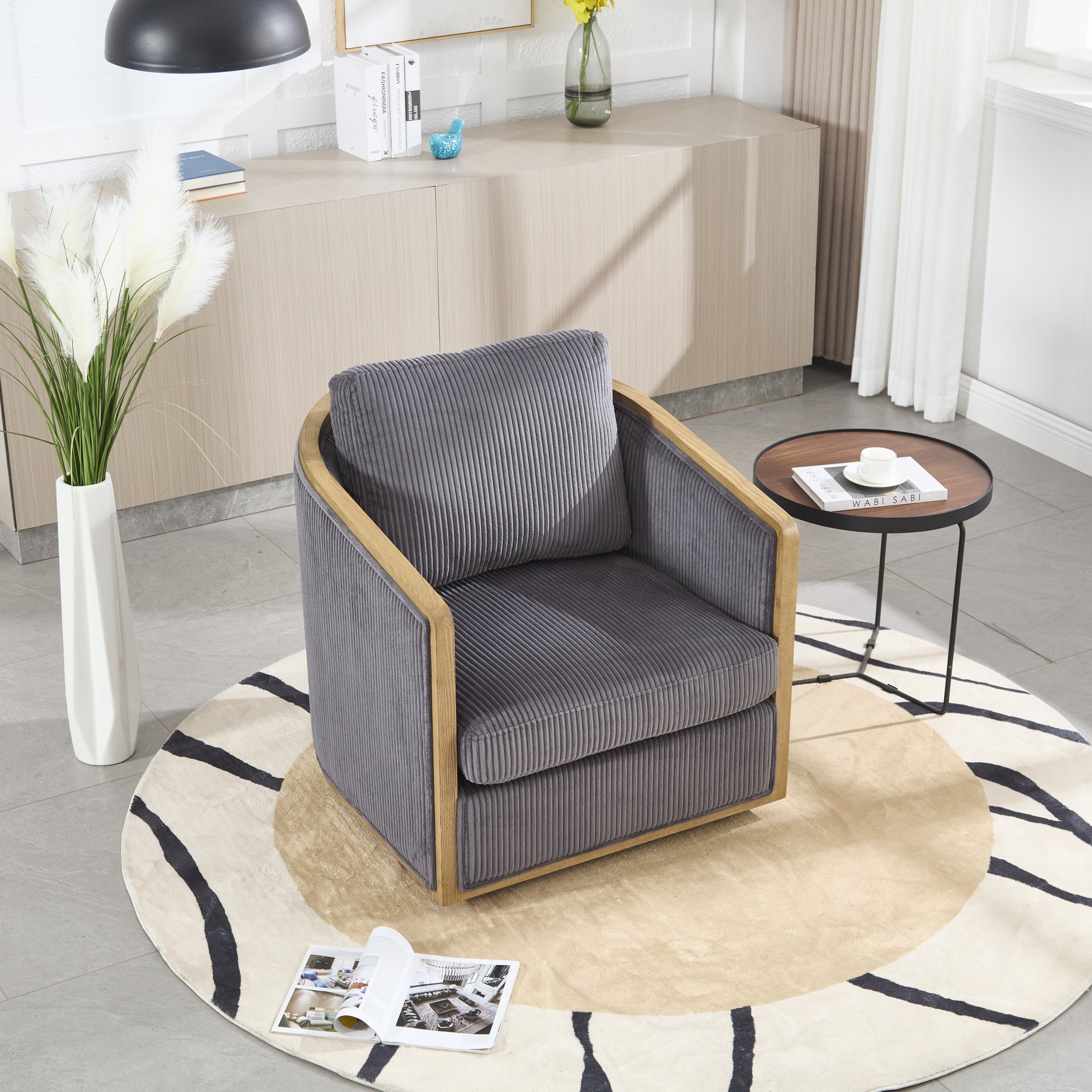 Corduroy Swivel Barrel Chair, Comfortable Accent Sofa, 360 Degree Swivel - Dark Gray - Image 10