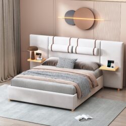 Queen Size Upholstered Platform Bed, 2 Outlets And USB Charging Ports On Both Sides, 2 Bedside Pillows, Storage Shelves - Beige