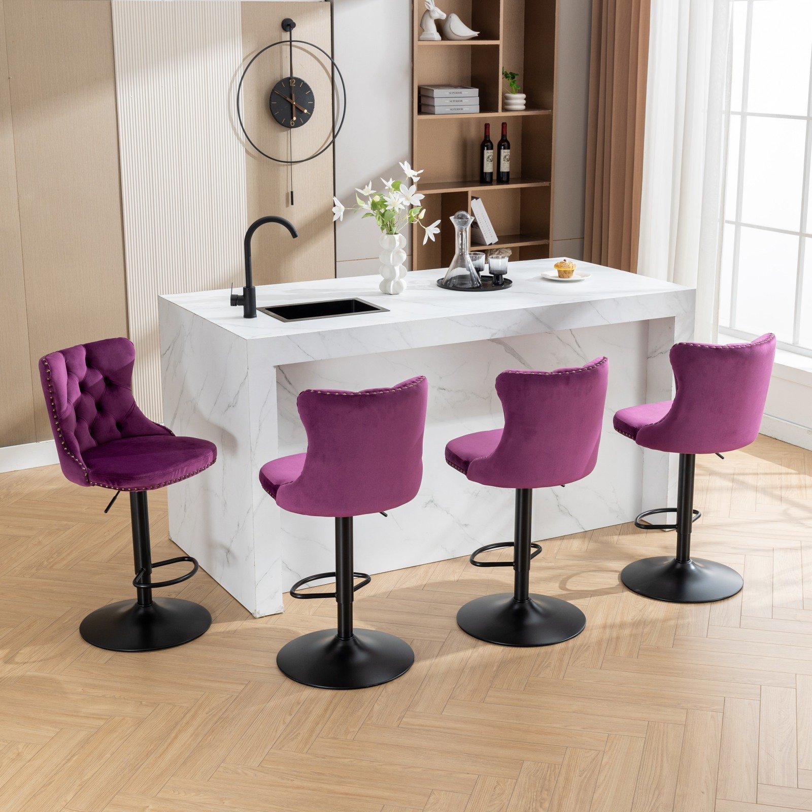 Swivel Velvet Barstools Adjusatble Seat Height, Modern Upholstered Bar Stools With Backs Comfortable Tufted For Home Pub And Kitchen Island (Set of 2) - Purple - Image 21