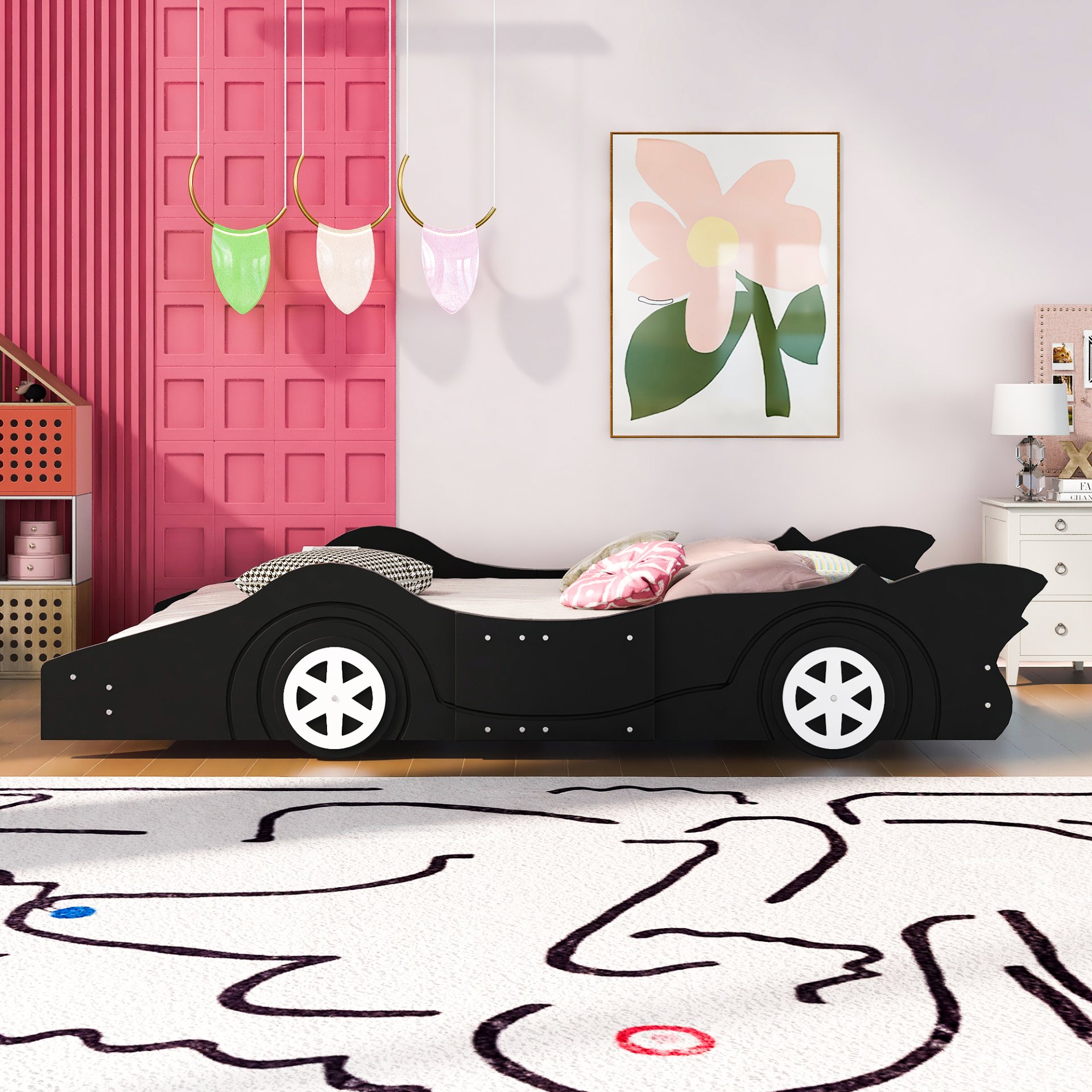 Full Size Race Car Shaped Platform Bed & Wheels - Black - Image 2