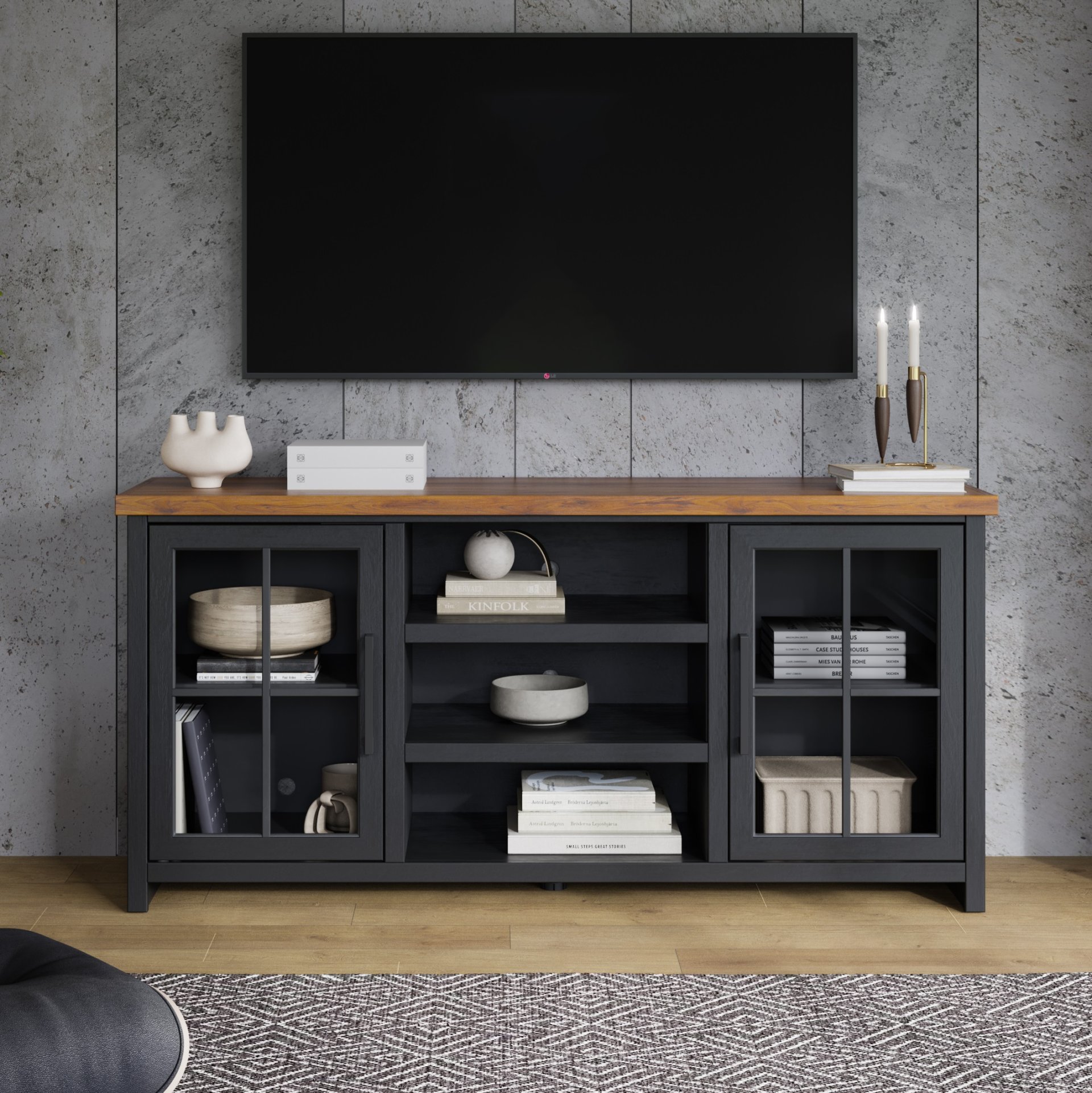 Essex - TV Stand Console For TVs Up To 80" - Black, Whiskey - Image 3