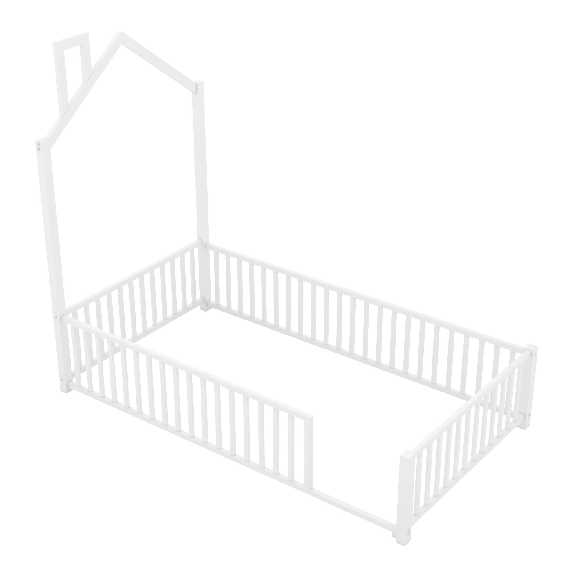 Twin Size Metal House Platform Bed With Guardrail And Chimney - White - Image 12