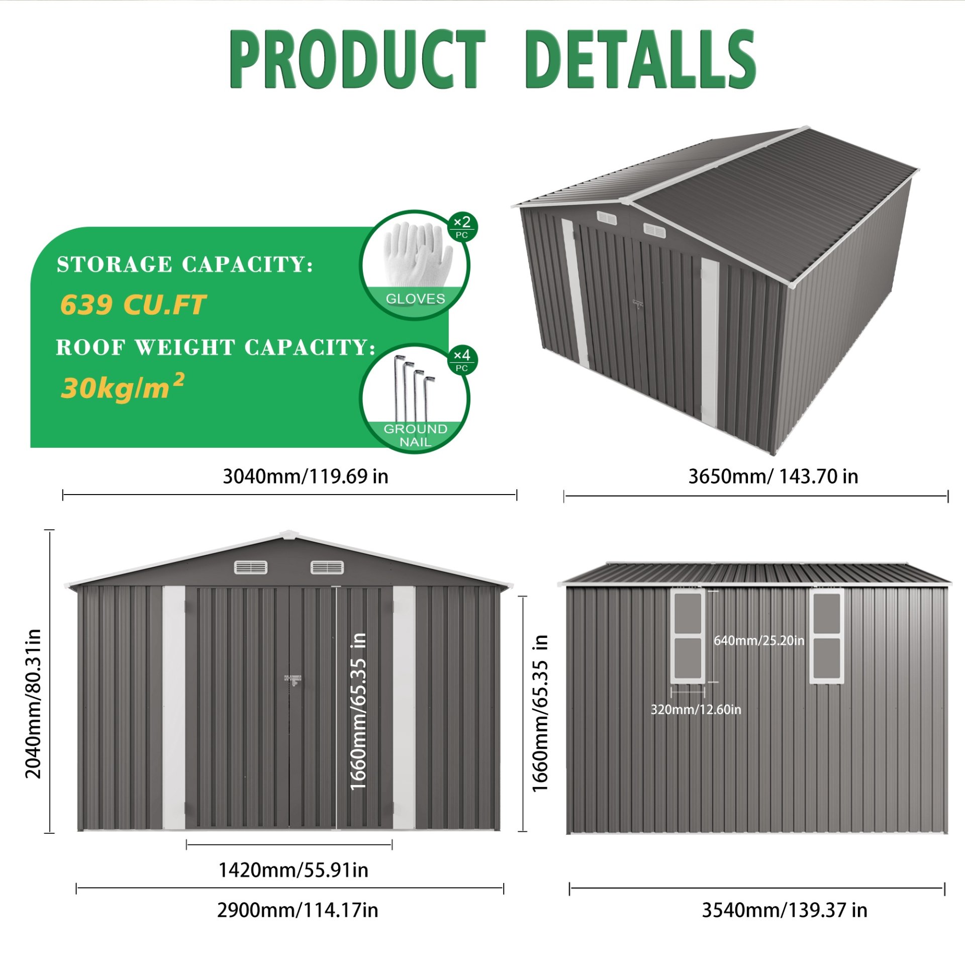 Large Metal Garden Shed With Double Door And Windows Waterproof Tool Shed - Gray - Image 3