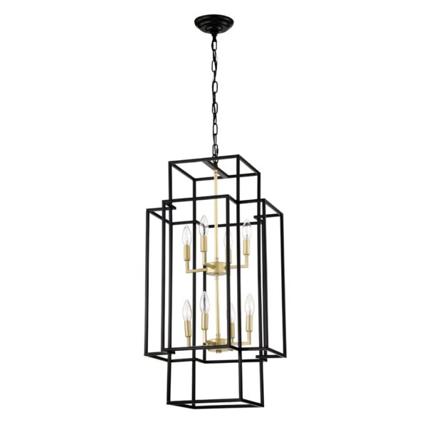 8 Light Metal Lantern Tiered Pendant Hanging Light Fixtures, Industrial Farmhouse Adjustable Height Chandeliers For Dining Room Hallway Foyer Entryway (E12 Bulbs Not Included) - Matte Black / Gold