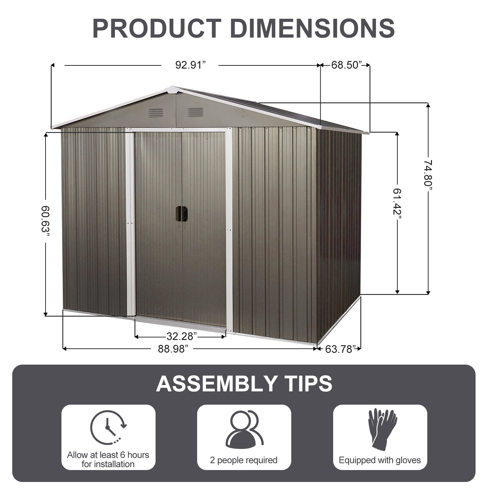 8Ft x 6Ft Outdoor Metal Storage Shed With Floor Base (SKU: W540S00012) - Gray - Image 3