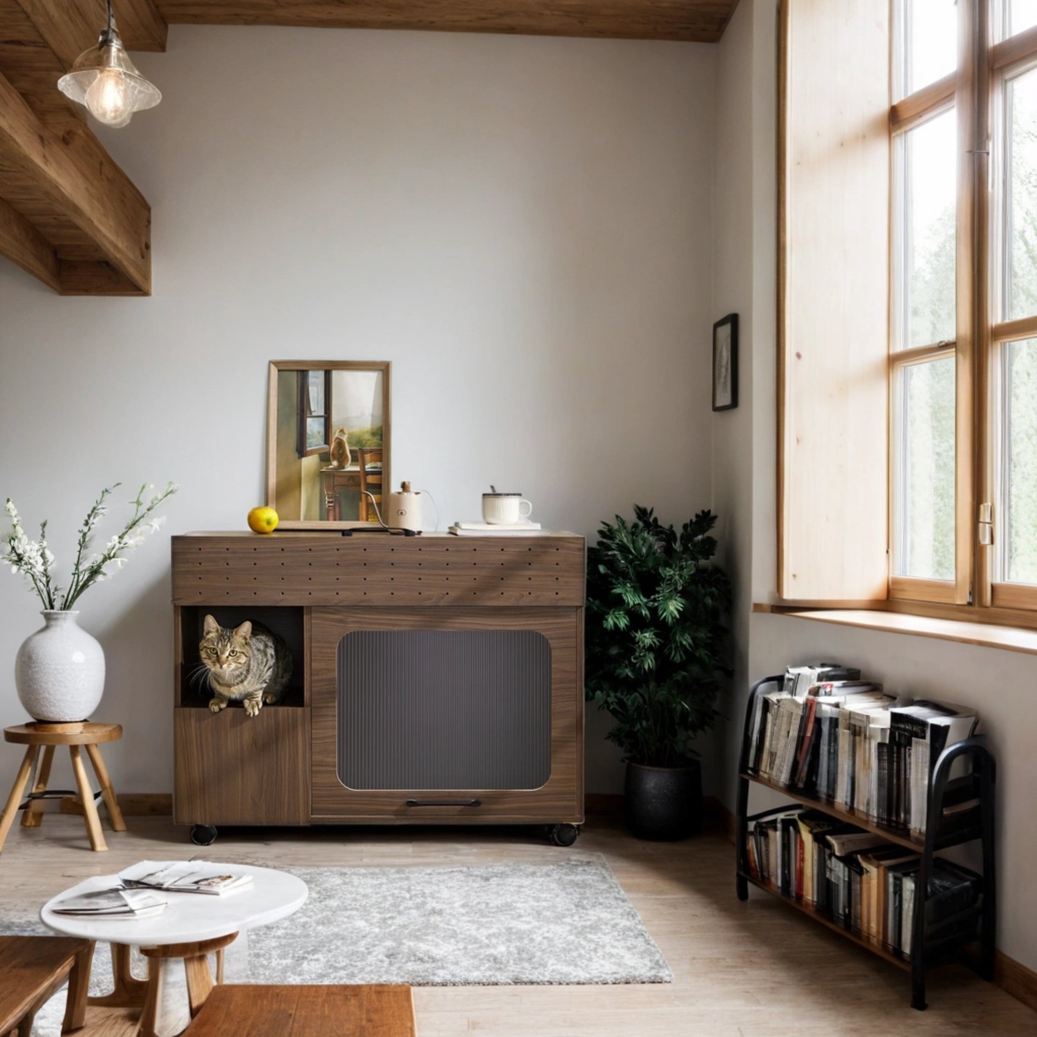Furniture Style Multi Use Cat Litter Box House With Storage - Walnut - Image 11