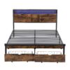 Contemporary King Size Metal Platform Bed Frame With Wooden Headboard And Footboard USB Charging LED Lights Storage & - Black / Brown - Image 5