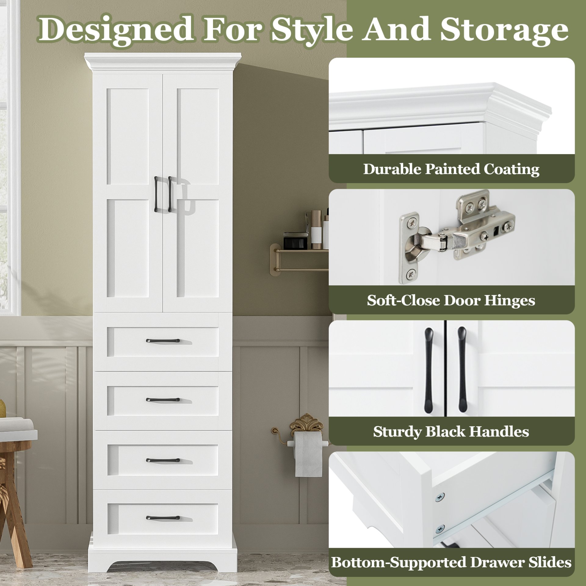 Bathroom Vanity With 2 Damping Hinge Doors, 3 Drawers, Adjustable Shelves - White - Image 6
