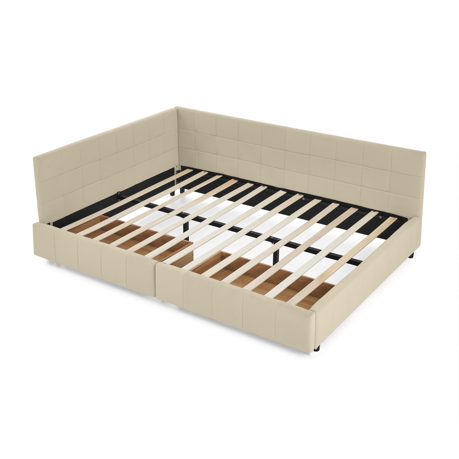 Mid Century Velvet Upholstered Tufted Queen Size Storage Bed Frame With Backrest And Armrests - Beige - Image 9