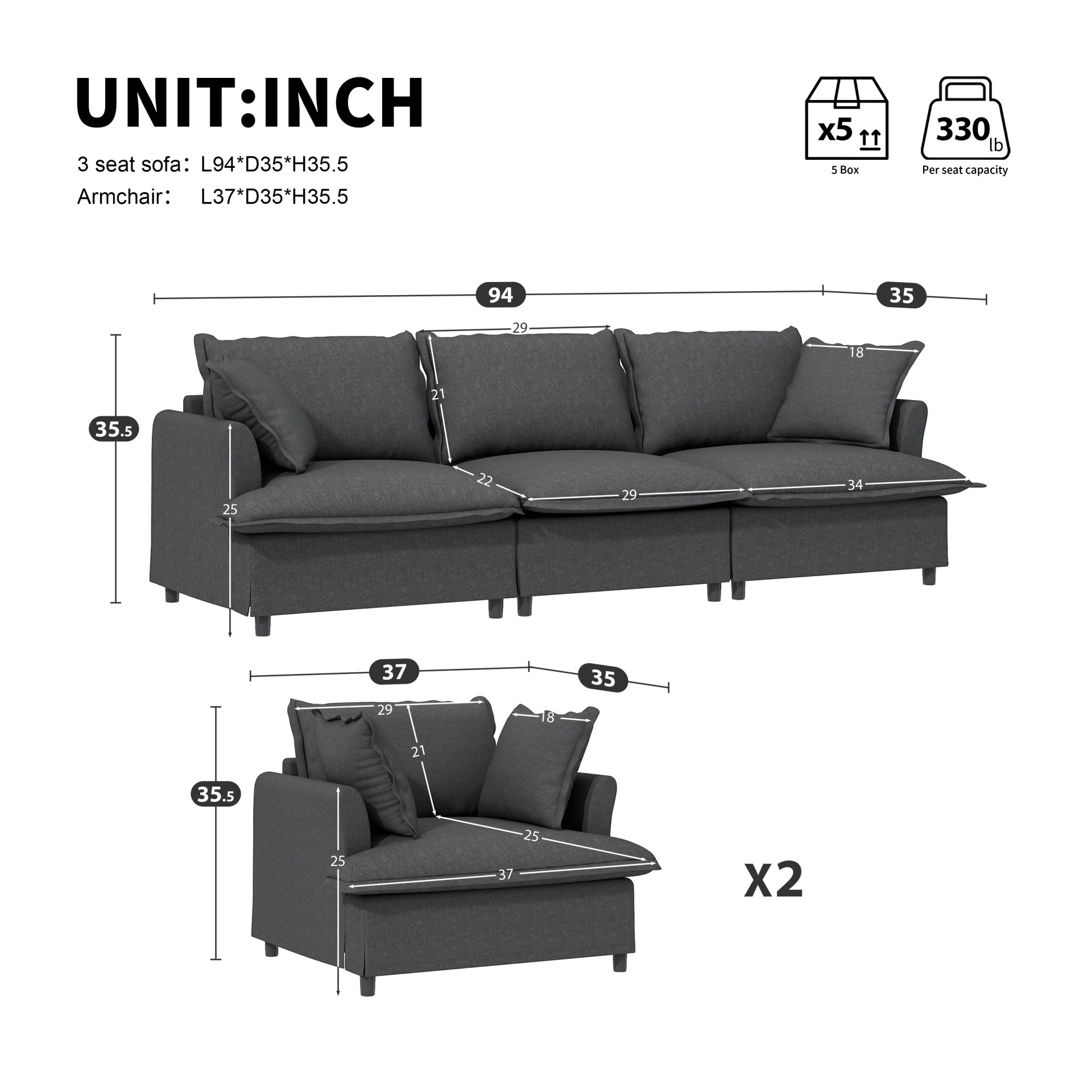 3 Piece Living Room Set Modular Sectional Couch Upholstered 3 Seater Sofa & 2 Armchairs 5 Seat - Gray - Image 3