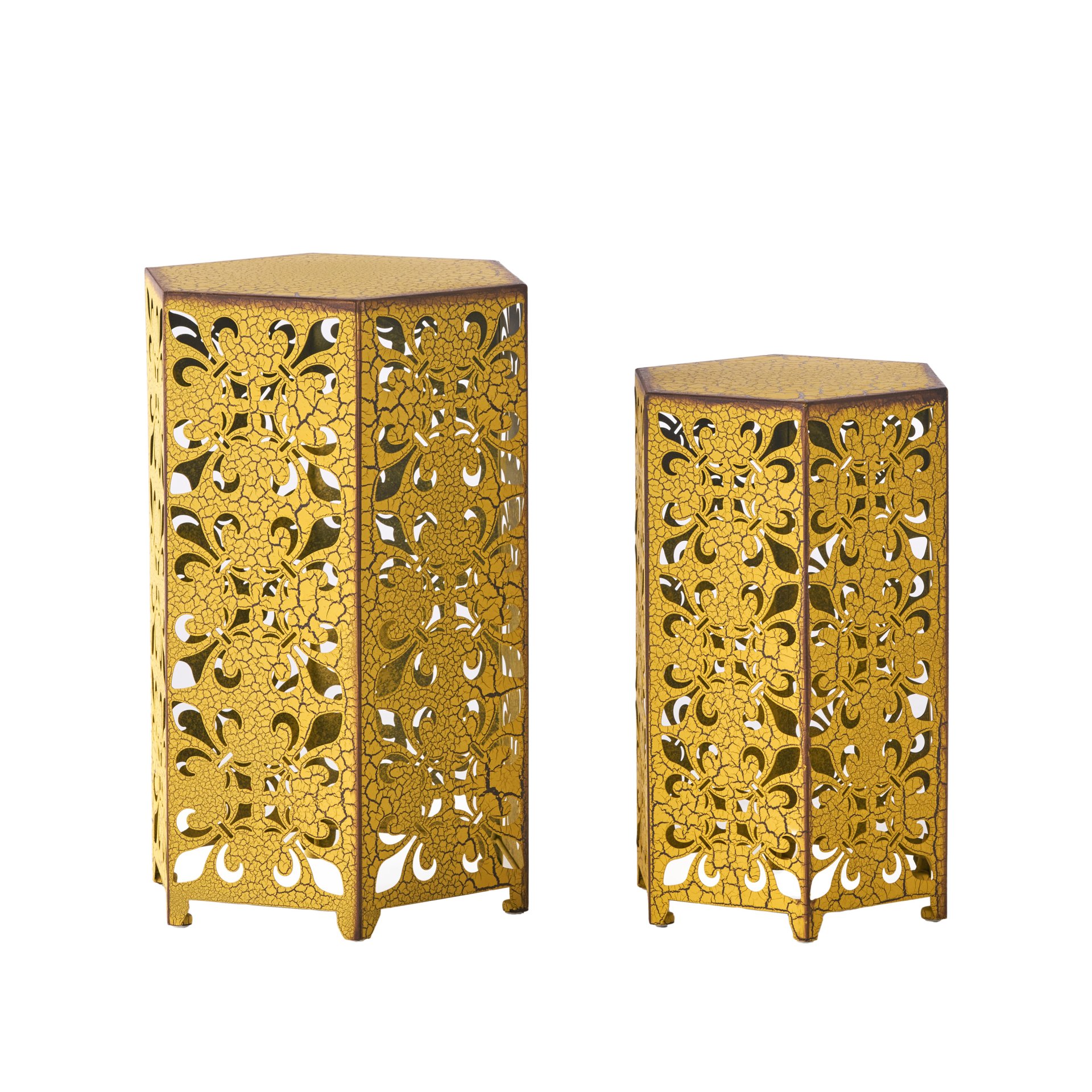 Outdoor Hexagonal Accent Table Set With Charming Fleur De Lis Panel Sides - Antique Yellow - Image 6