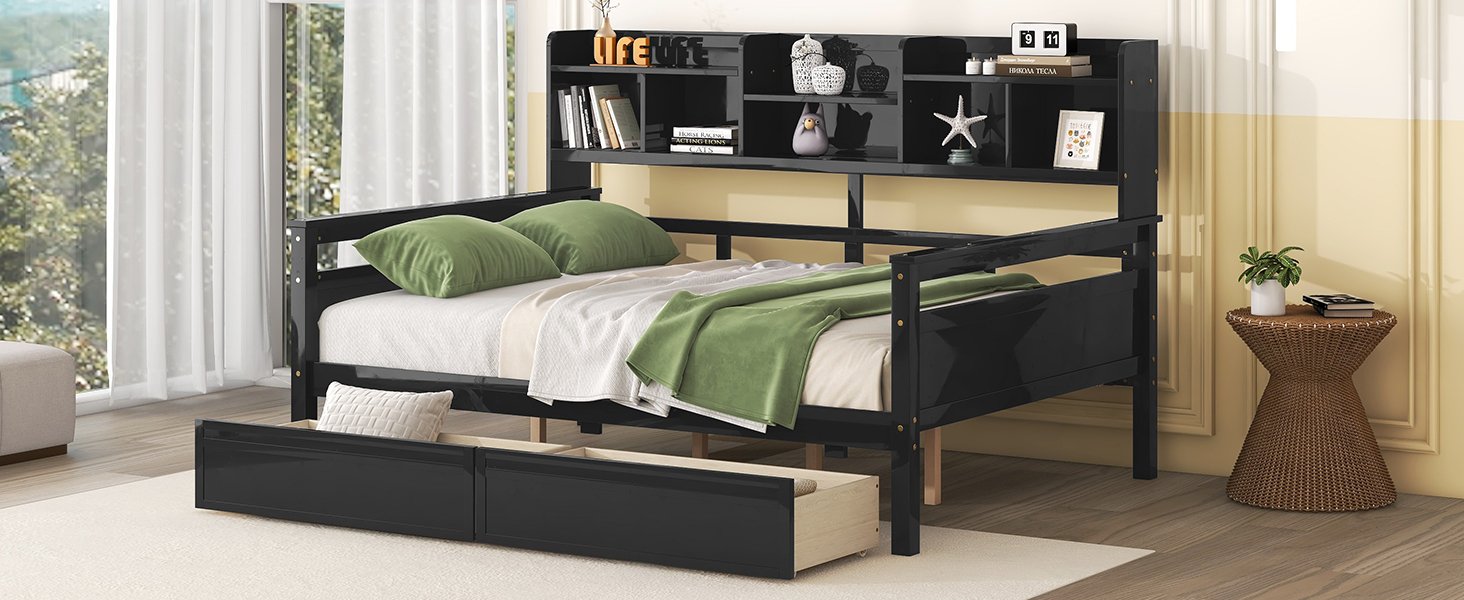 Full Size Daybed, Slat Support, With Bedside Shelf And Two Drawers - Espresso - Image 15