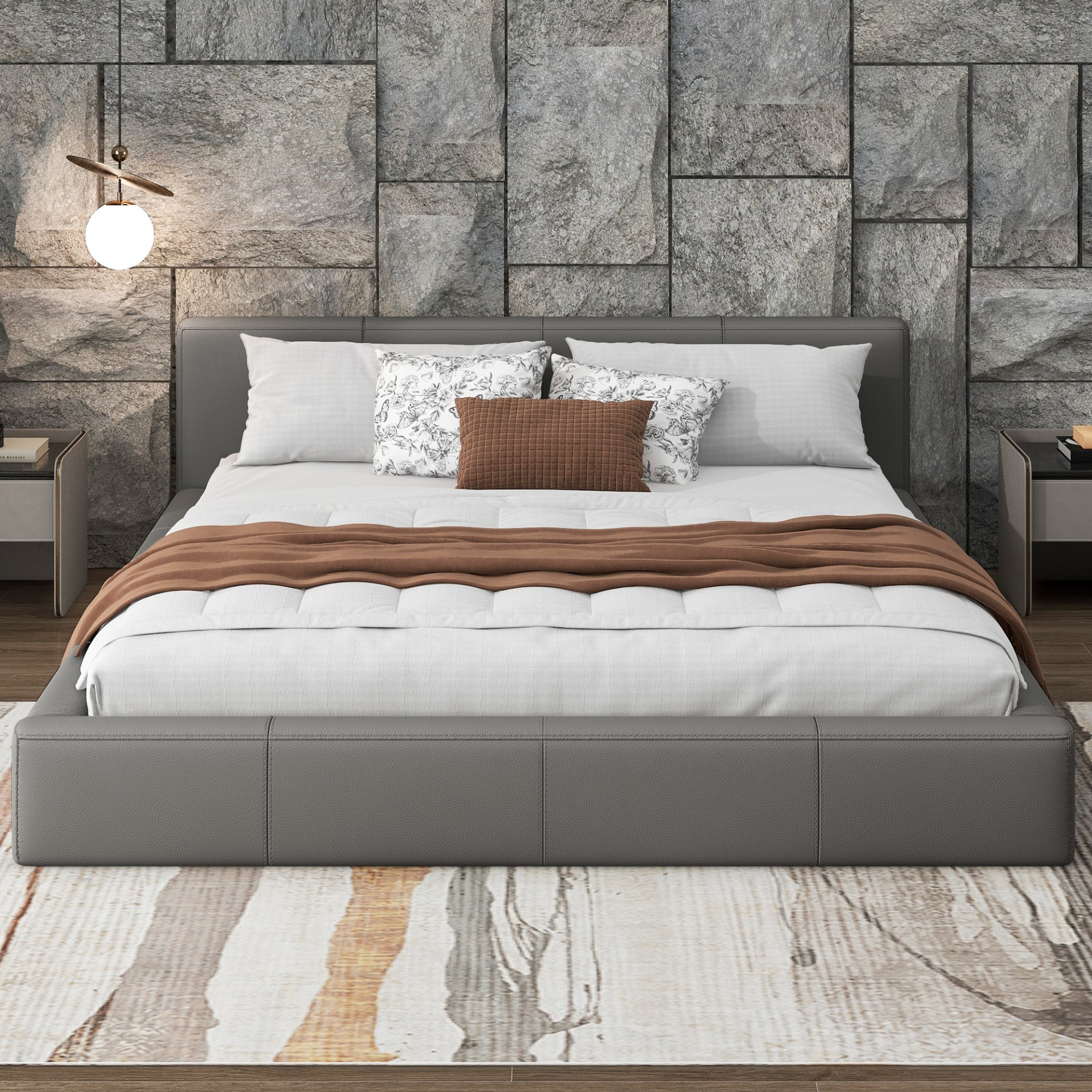 Queen Size, Stylish Upholstered Bed, Minimalist Design - Gray - Image 2