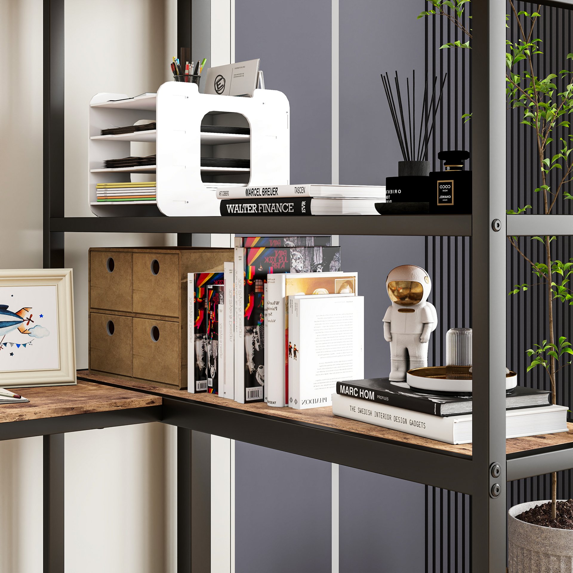 Space Saving Twin Size Loft Bed With L Shaped Desk, Shelves, Charging Station, Led Lights - Brown - Image 6