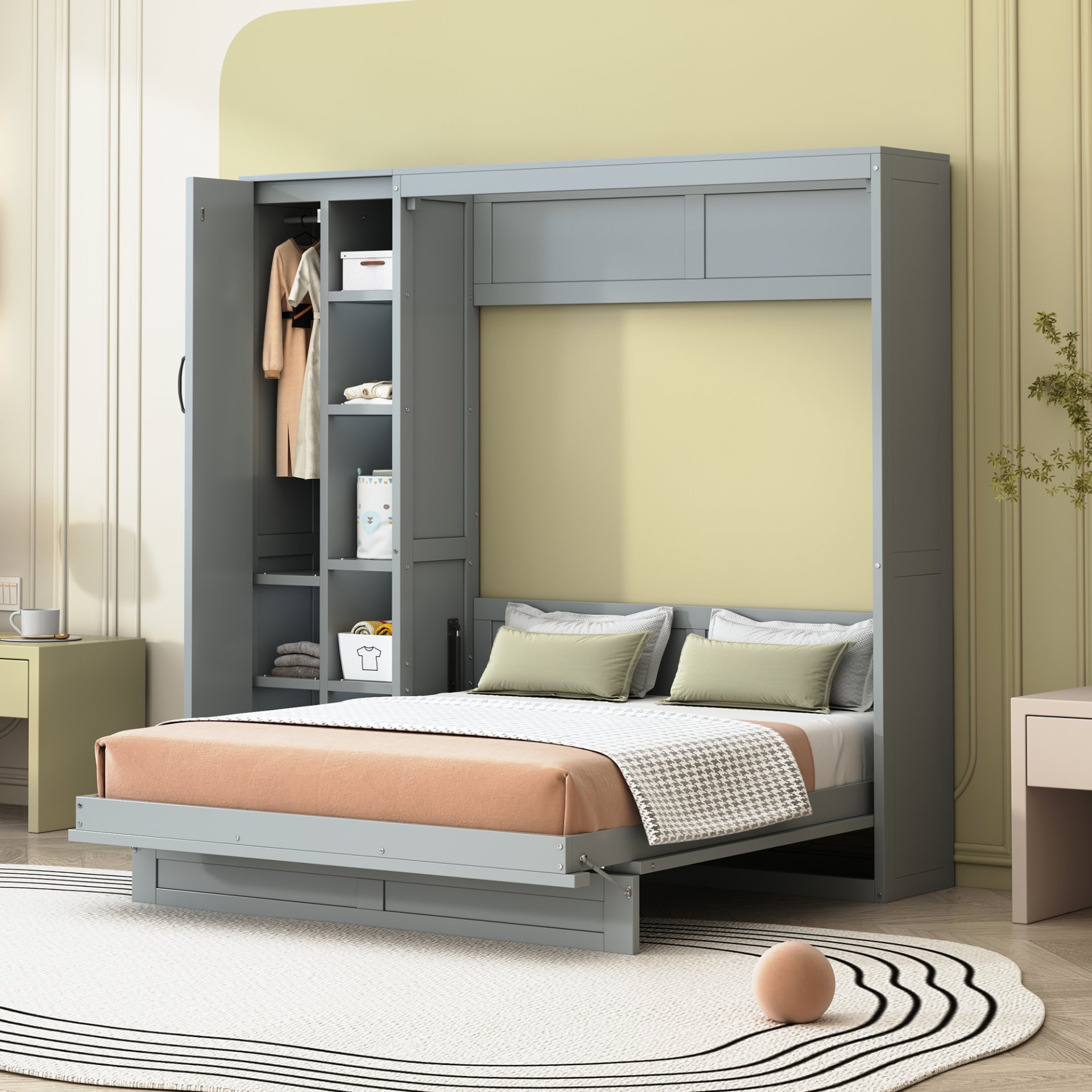 Full Size Murphy Wall Bed With Shelves, Wardrobe And LED Lights - Gray - Image 2