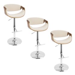 Curvo - Mid-Century Modern Adjustable Barstool With Swivel With Straight T Footrest (Set of 3) - Chrome / Walnut / Cream