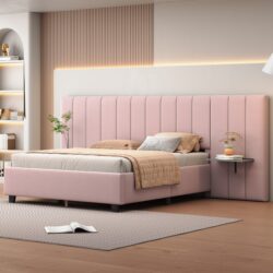 Queen Size Upholstered Platform Bed With Big Headboard - Pink