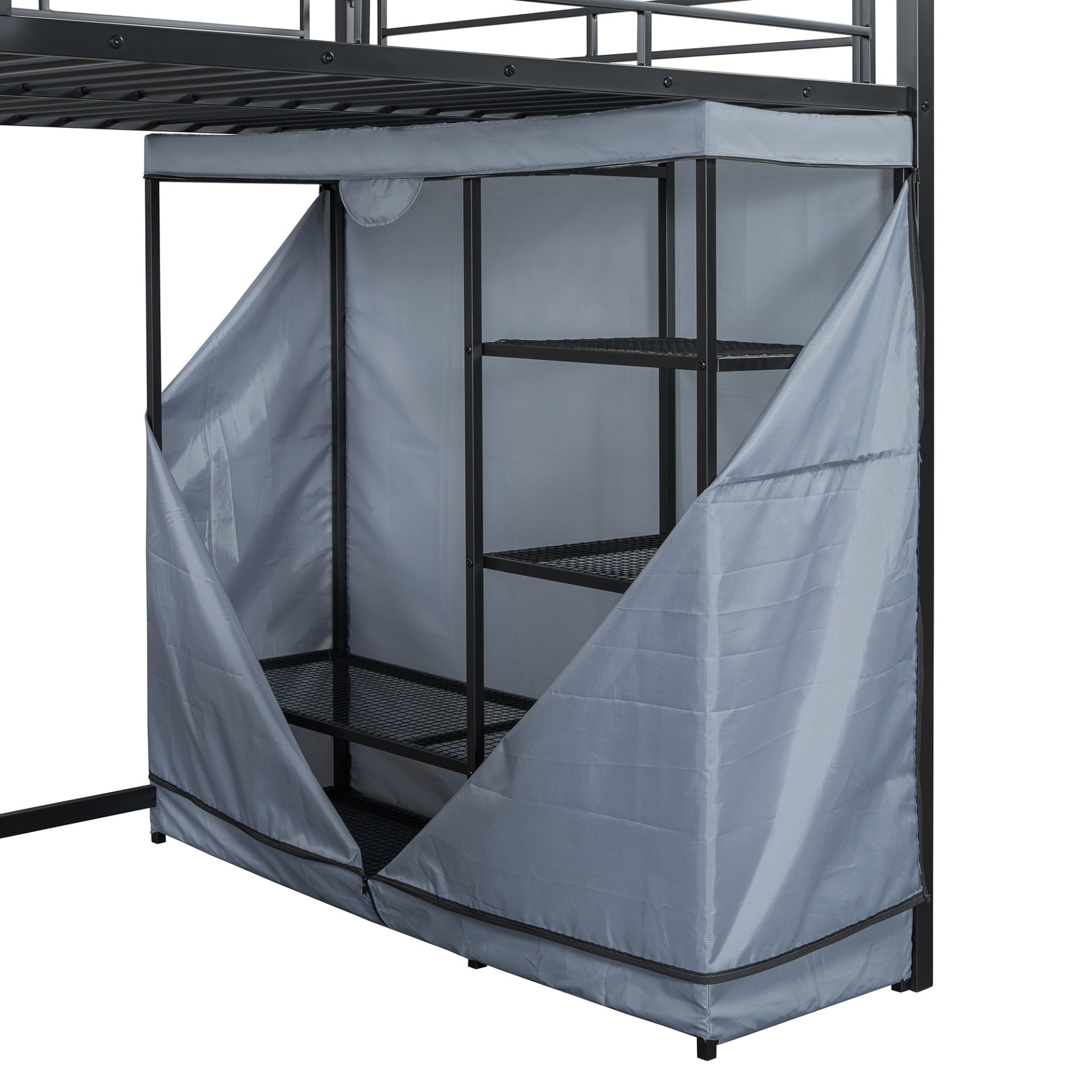 Full Size Loft Bed With Desk, Shelves, Power Outlet, LED Light And Wardrobe - Black - Image 17