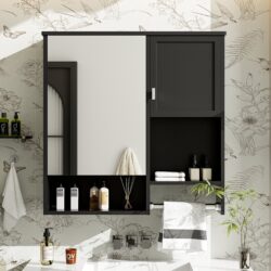 Modern Wall Mounted Bathroom Medicine Cabinet, Bathroom Wall Storage Cabinet With Mirror, Over The Toilet Space Saver Cabinet With Towels Bar - Black