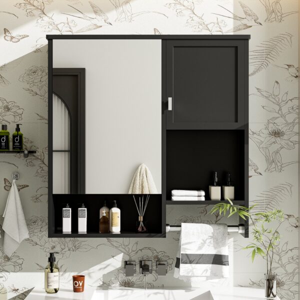 Modern Wall Mounted Bathroom Medicine Cabinet, Bathroom Wall Storage Cabinet With Mirror, Over The Toilet Space Saver Cabinet With Towels Bar - Black
