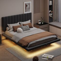 Queen Size Upholstered Hydrualic Platform Floating Bed With LED Light And USB Port - Gray