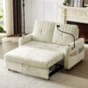 Modern Loveseat Pull Out Sofa Bed With Adjustable Backrest, Two Cup Holders, A Phone Holder, Three Charging Ports And Side Storage Pockets For Living Room - Beige - Image 4
